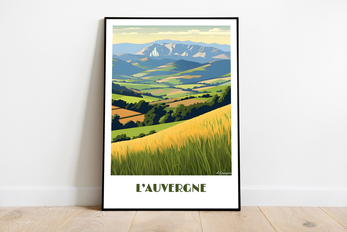 LAuvergne France Retro Wheat Field Green Valley Travel Poster