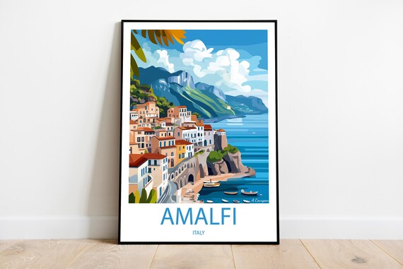 Handmade Amalfi Italy Poster Wall Art Modern Travel Framed Birthday Home Made Decor Gift Illustration Print Painting