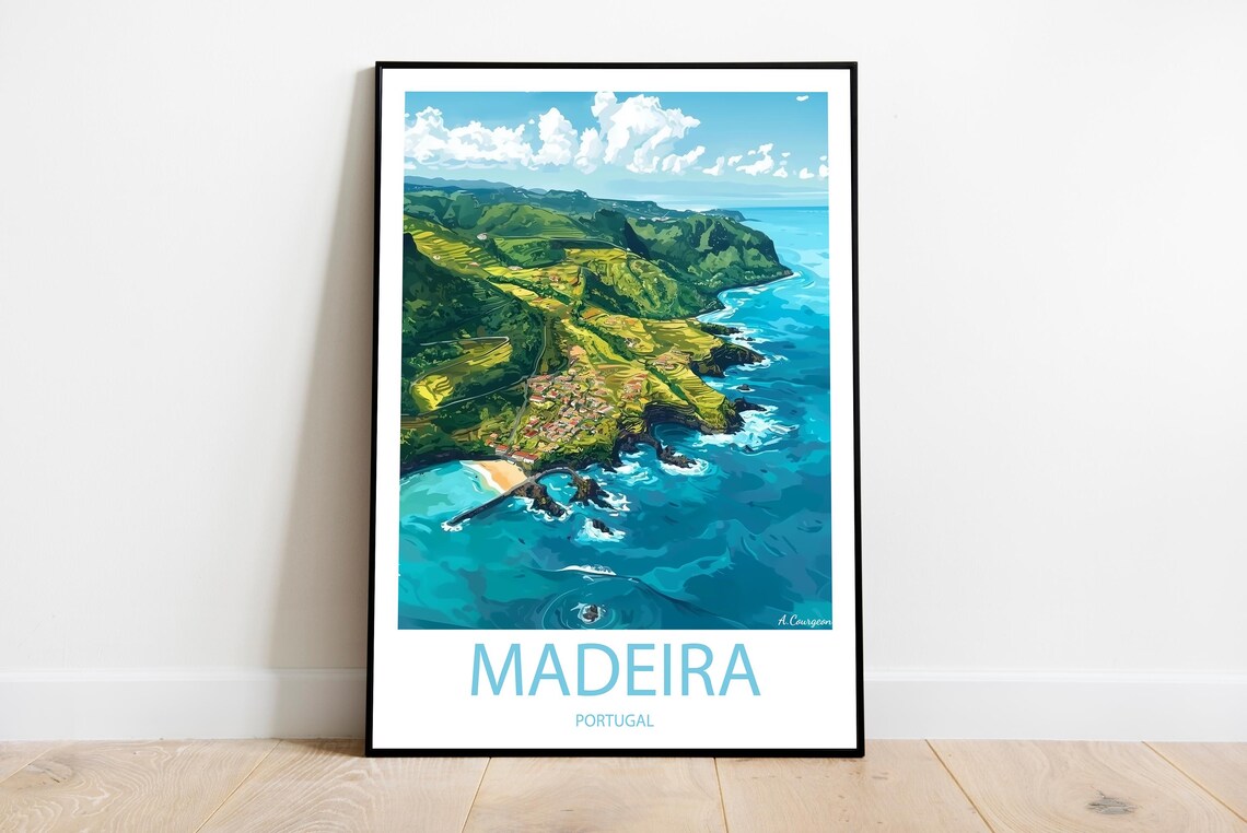 Madeira Portugal Aerial Coastline Cliffs Ocean View Travel Poster