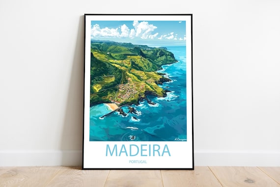 Madeira Portugal Aerial Coastline Cliffs Ocean View Travel Poster
