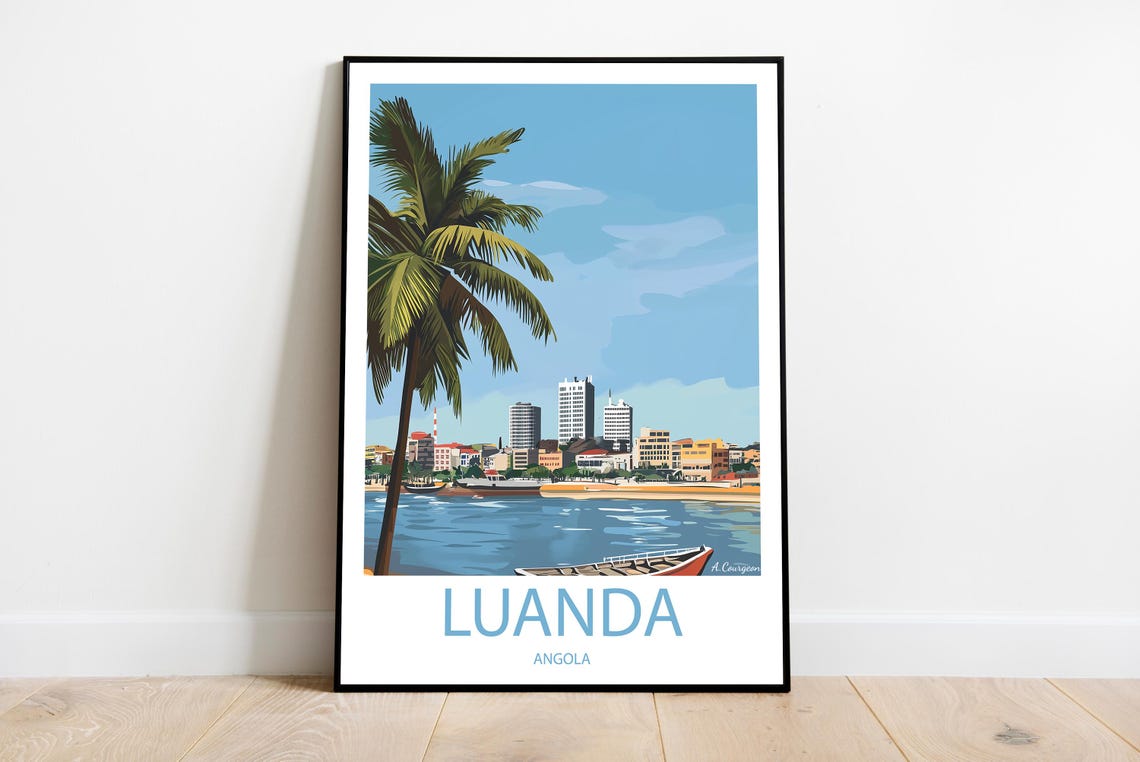 Luanda Angola Waterfront Skyline Palm Tree Coastal Travel Poster