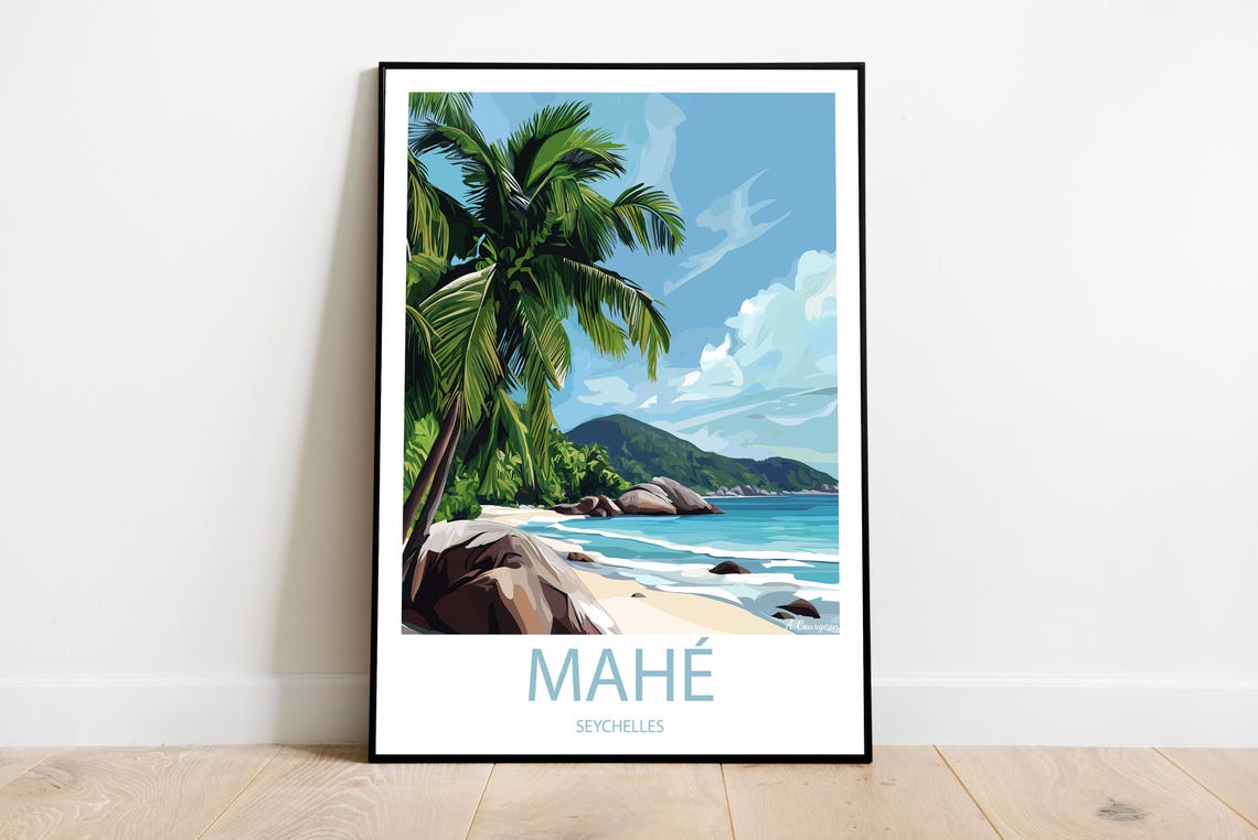 Mahe Seychelles Tropical Palm Beach Granite Rocks Travel Poster