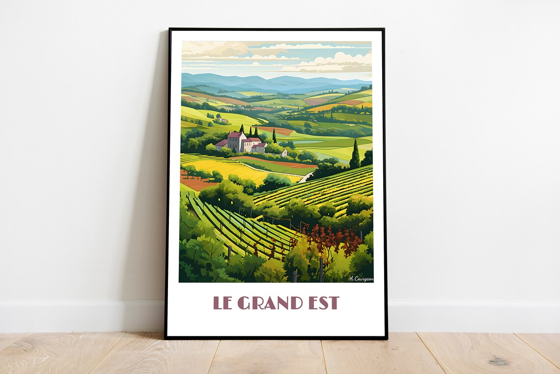 Le Grand Est French Vineyards Farmhouse Hills Retro Travel Poster