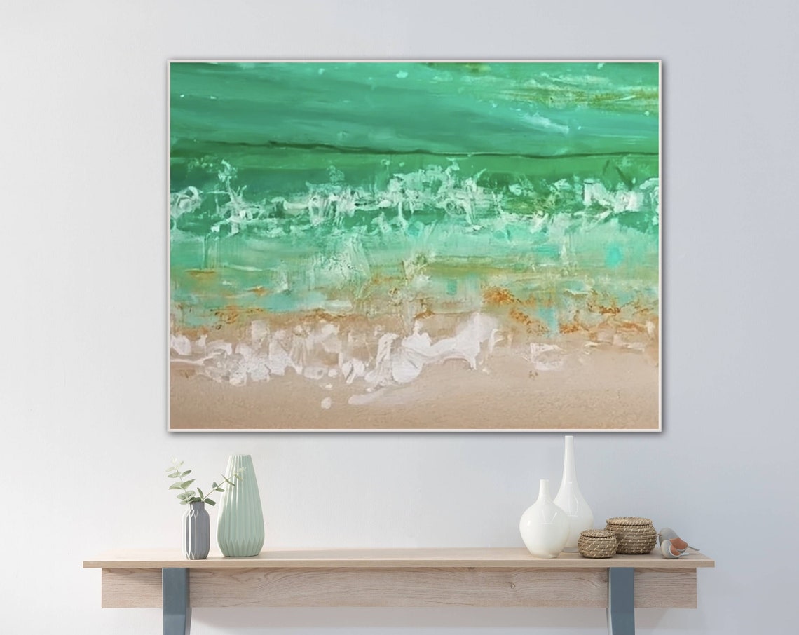 Emerald Green Sea Over Sandy Shore Abstract Coastal Art Poster