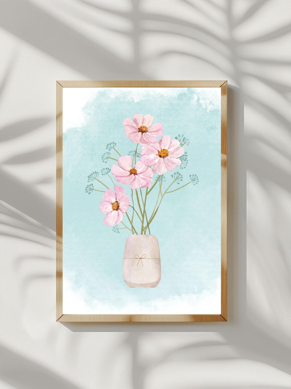 Pink Cosmos Flowers In Vase Watercolor Blue Background Floral Poster - Image 3