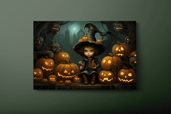 Halloween Witch Girl Jack-o'-Lanterns Spooky Night Scene Art Poster