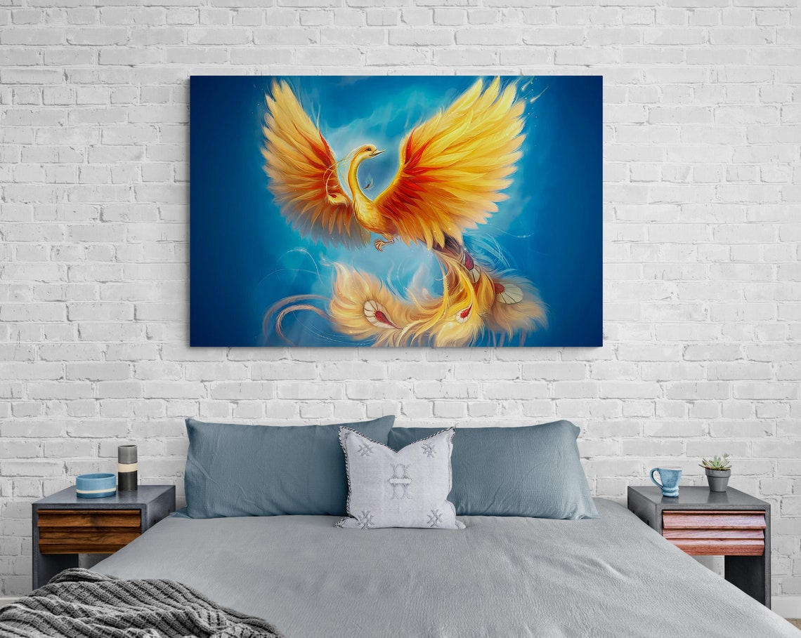 Golden Phoenix Rising Against Deep Blue Sky Mythology Art Poster - Image 2