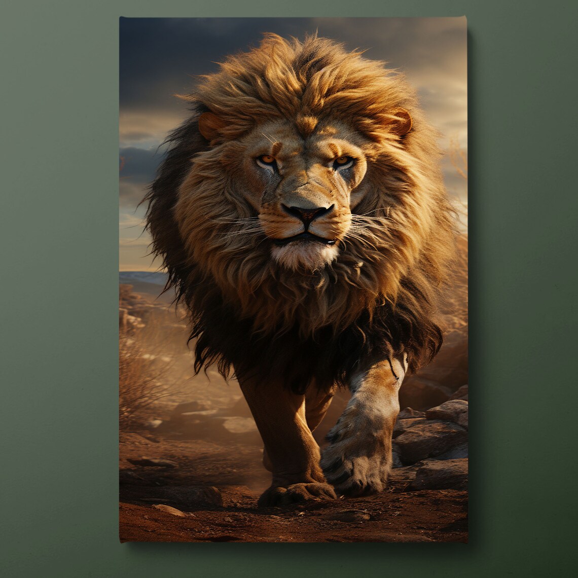 Majestic Male Lion Walking At Sunset African Wildlife Art Poster