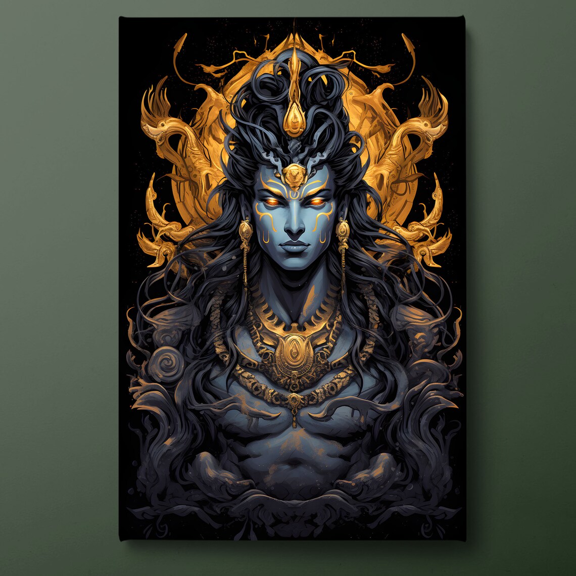 Lord Shiva Blue Skin Glowing Eyes Golden Halo Hindu Art Poster