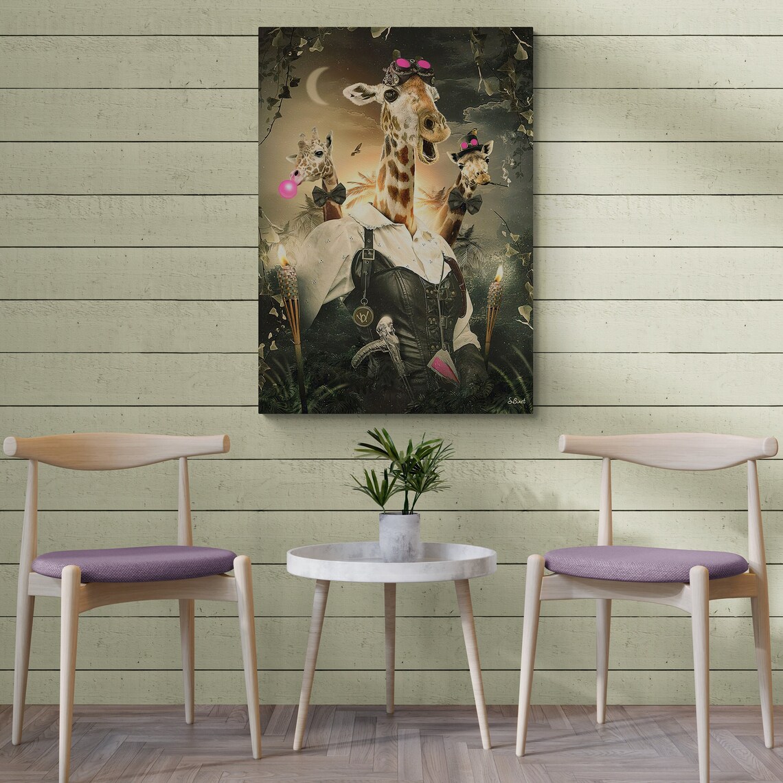 Surreal Giraffes Wearing Clothes Funny Animal Portrait Painting Wall Art - Image 2