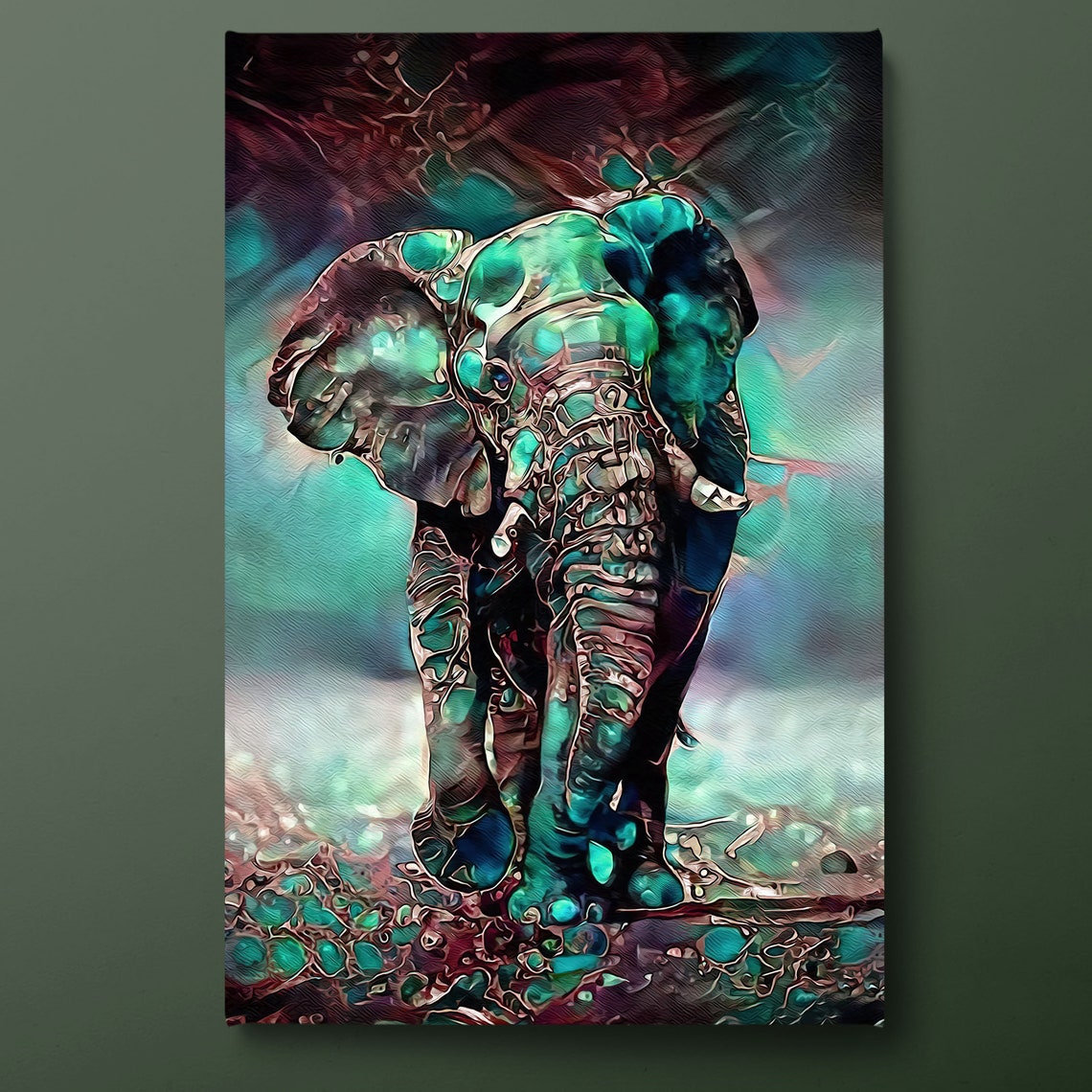 Colorful Abstract Elephant Teal Green Pink Painterly Modern Art Poster