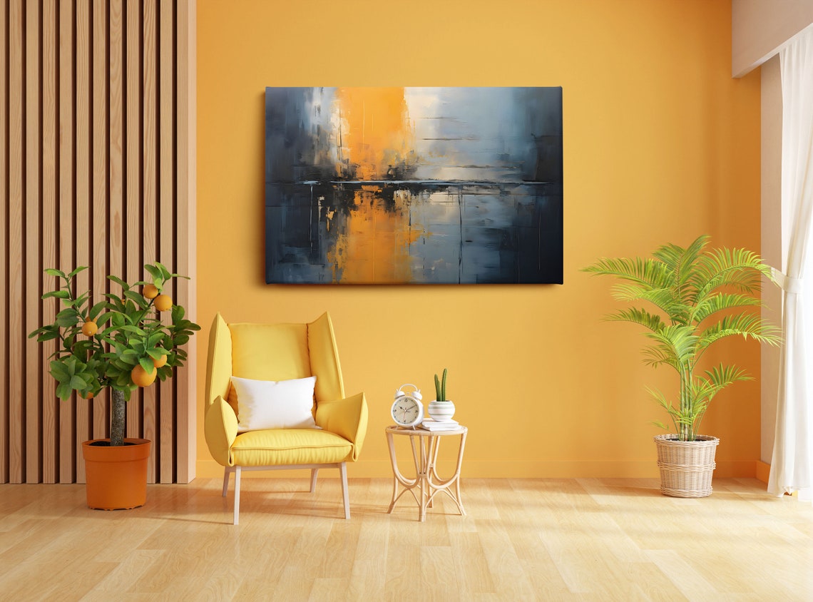 Golden Sun Stripe Over Blue Gray Abstract Seascape Art Poster - Image 2