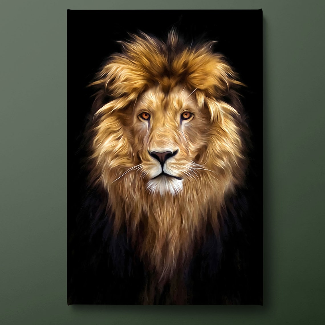 Golden Lion Head Portrait On Black Background Wildlife Art Poster