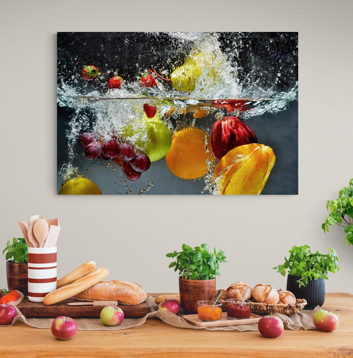Fruits Water Splash Wall Art Vegetables Splashing In Water Print Kitchen Fruit Painting Ready To Hang - Image 2