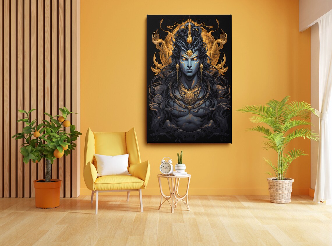 Lord Shiva Blue Skin Glowing Eyes Golden Halo Hindu Art Poster - Image 2