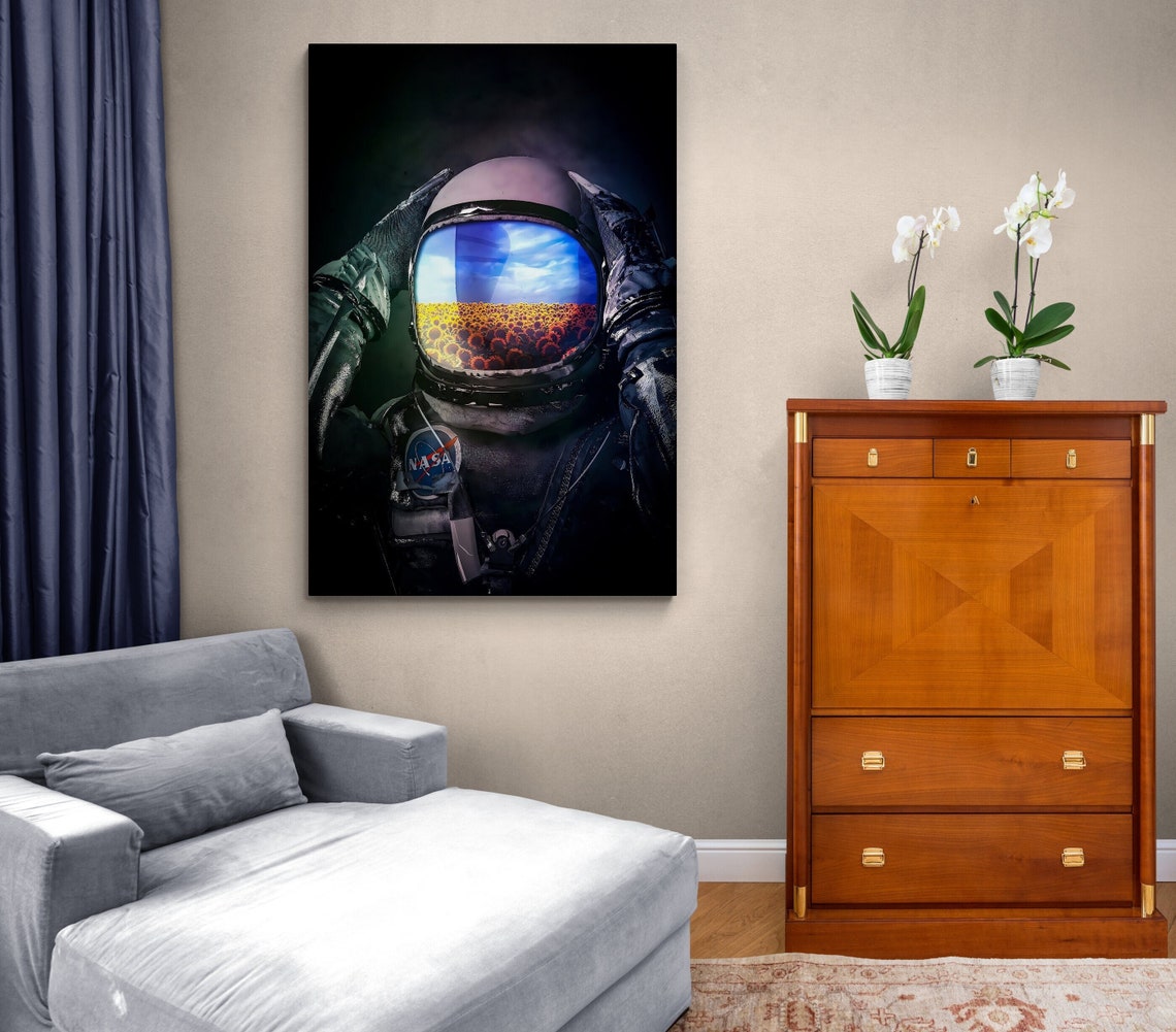 Astronaut Standing In Sunflower Field Blue Sky Surreal Wall Art - Image 3