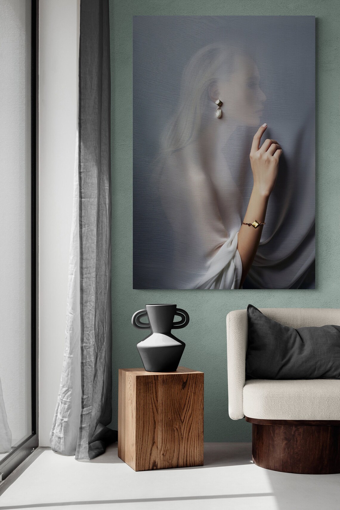 Woman With Pearl Earring Behind Curtain Vermeer Inspired Portrait Wall Art - Image 2