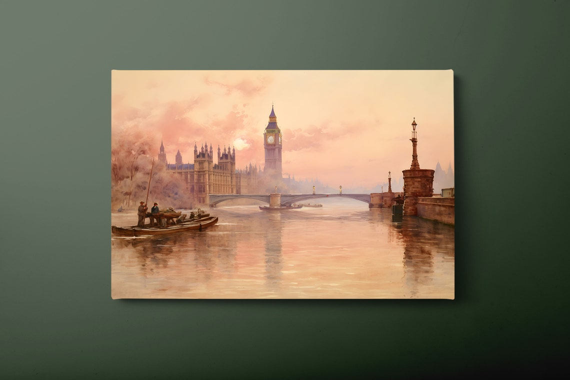 London Big Ben Parliament Sunset Over Thames Vintage Travel Poster