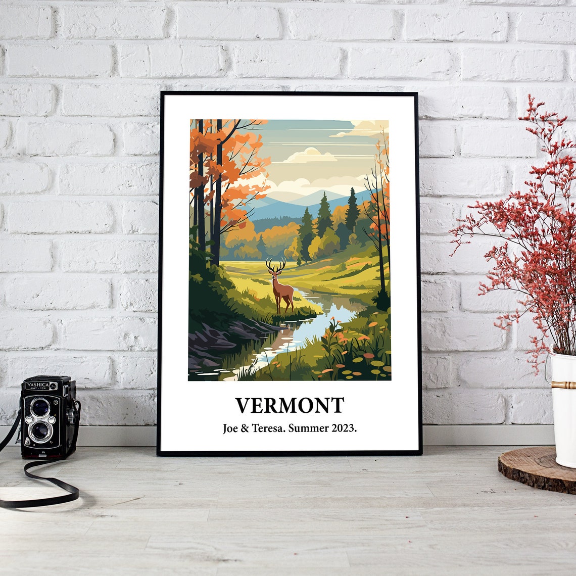 Vermont Deer Stream Autumn Forest Vintage Style Travel Art Poster - Image 2