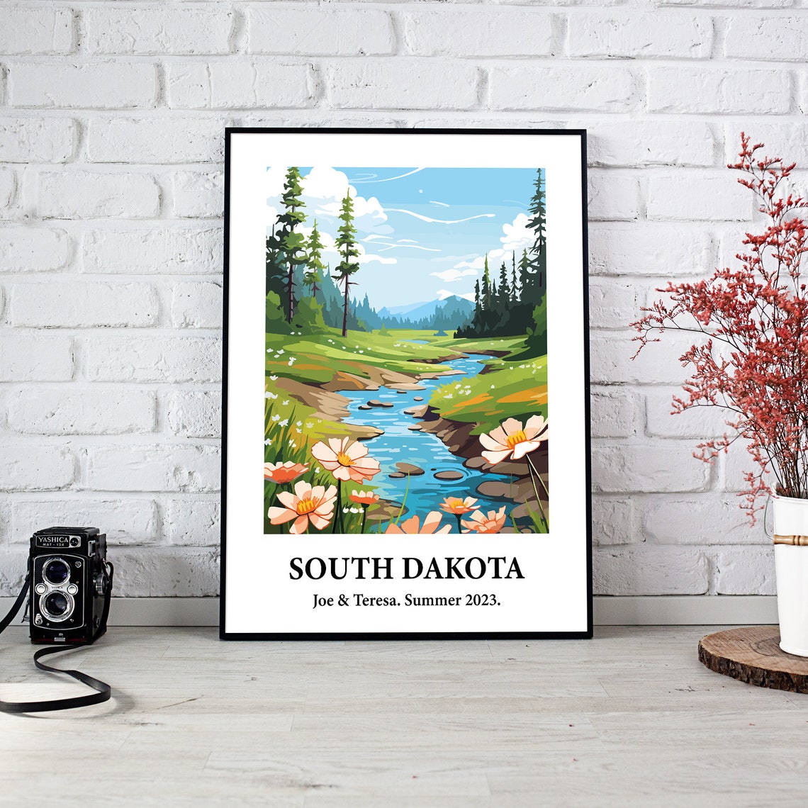 South Dakota Stream Wildflowers Pines Vintage Style Travel Art Poster - Image 2
