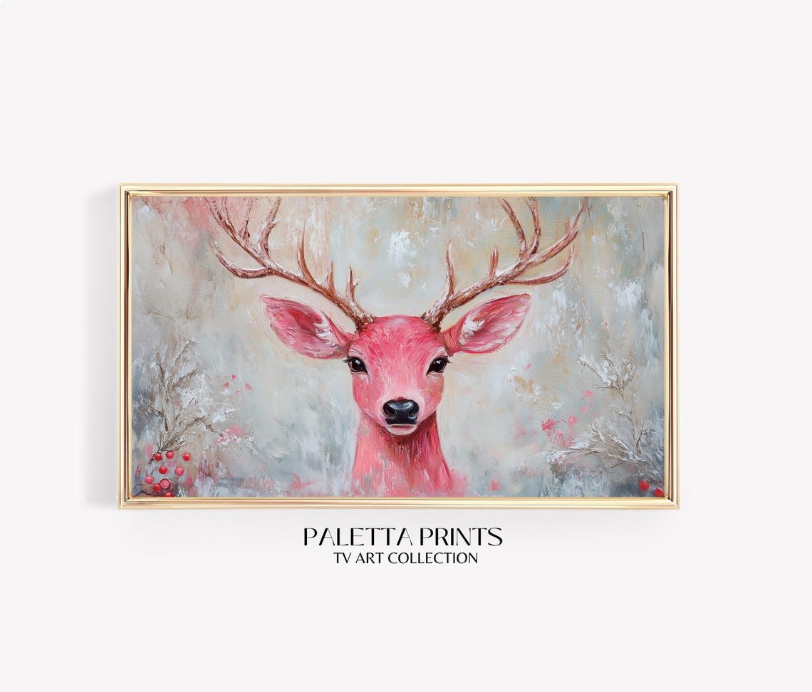 Whimsical Pink Reindeer Portrait Snowy Holiday Red Berries Poster