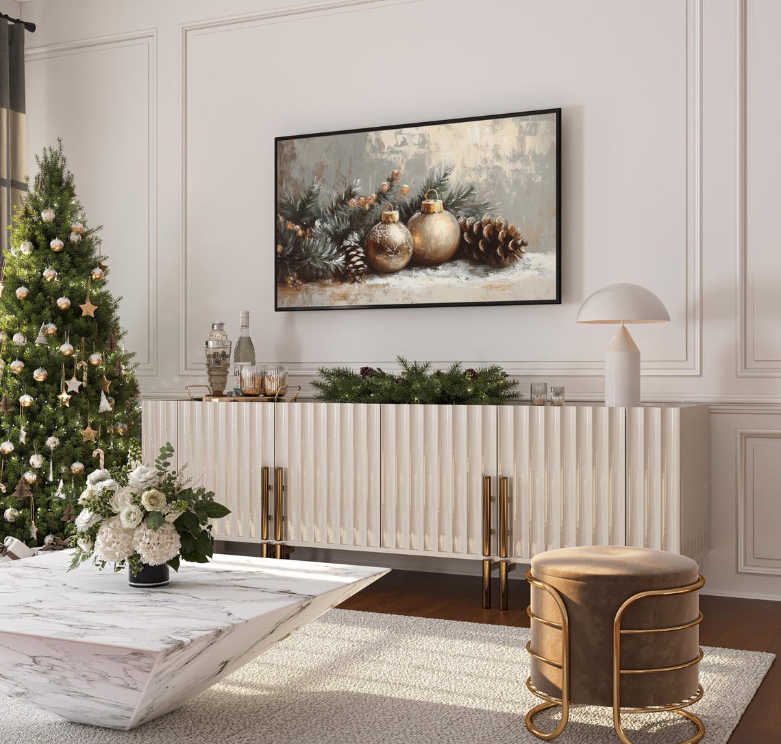 Neutral Christmas Gold Ornaments Pinecones Frosted Still Life Poster - Image 3