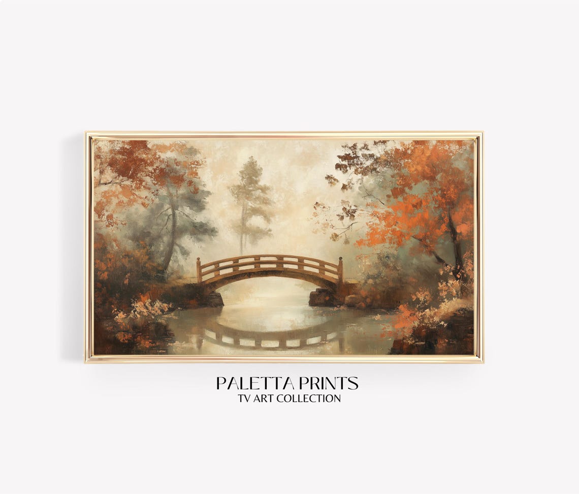 Arched Wooden Bridge Over Still Water Autumn Reflection Travel Poster