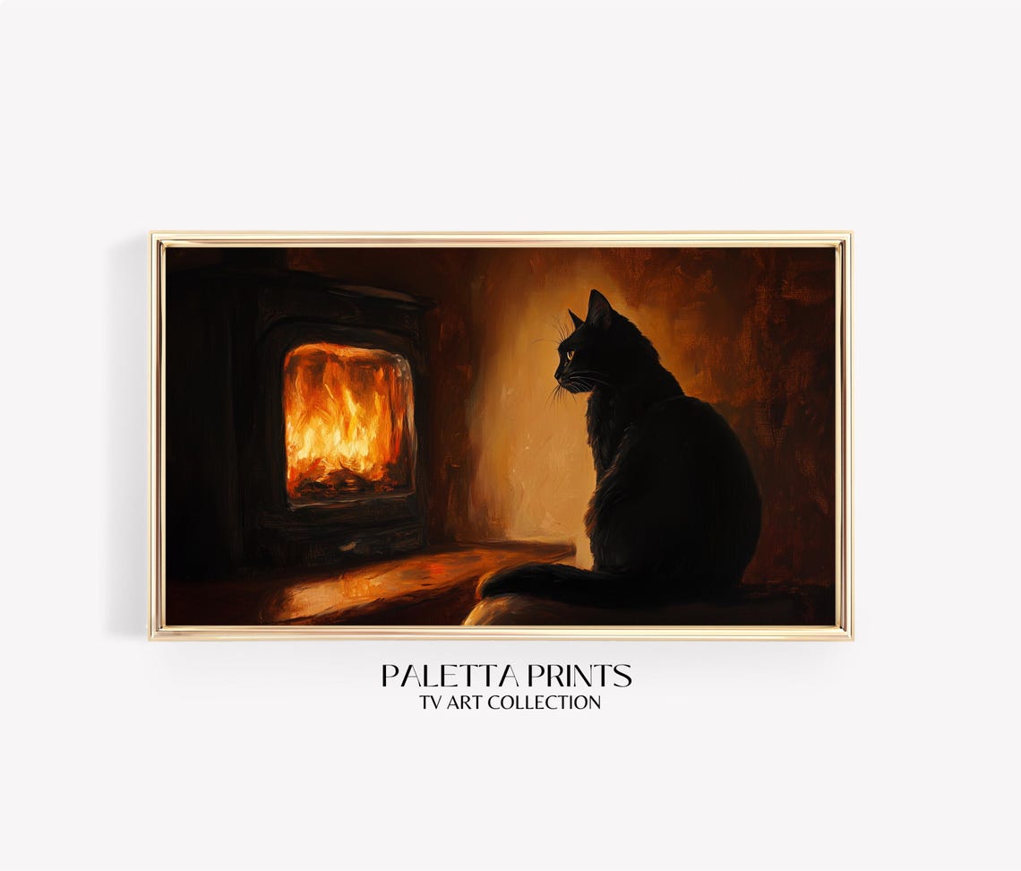 Black Cat By Glowing Fireplace Cozy Halloween Scene Vintage Art Poster