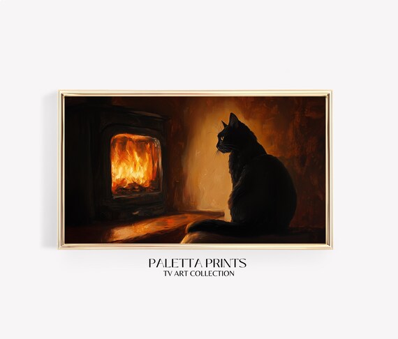 Black Cat By Glowing Fireplace Cozy Halloween Scene Vintage Art Poster