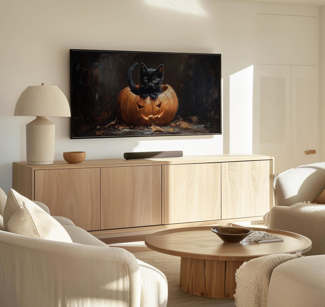 Cute Black Kitten In Jack O Lantern Pumpkin Halloween Art Wall Poster - Image 3