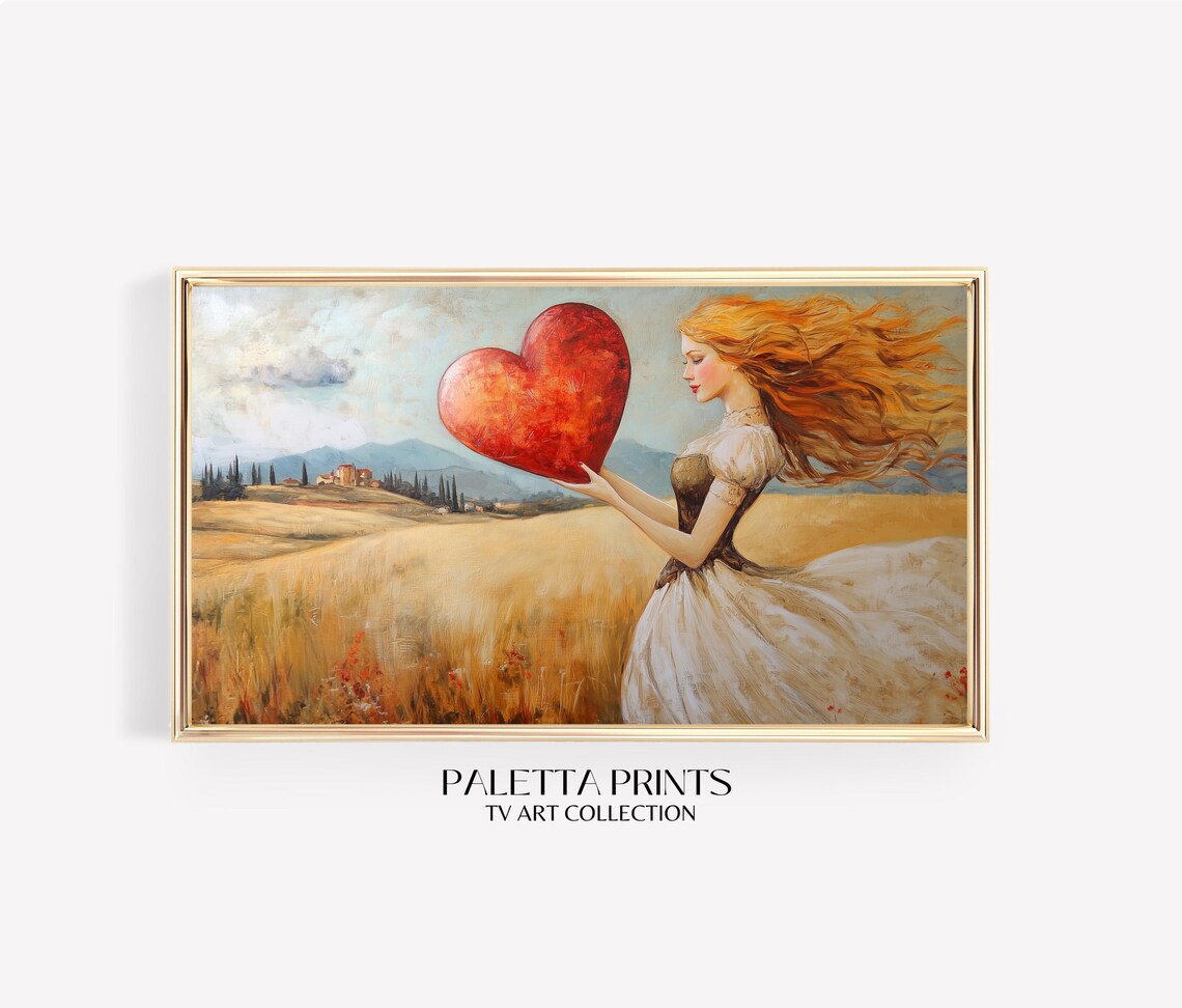 Romantic Woman Holding Red Heart Golden Wheat Field Painting Love Art Poster