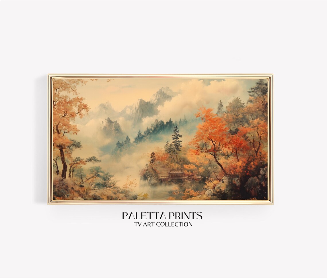 Asian Misty Mountains Pagoda Autumn Trees Golden Valley Travel Poster