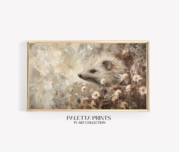 Hedgehog In Wildflowers Soft Neutral Tones Rustic Autumn Animal Print