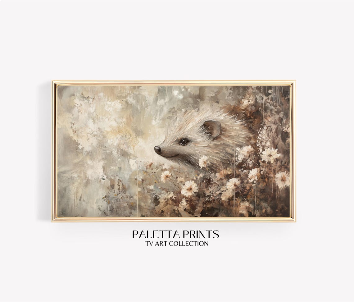 Hedgehog In Wildflowers Soft Neutral Tones Rustic Autumn Animal Print