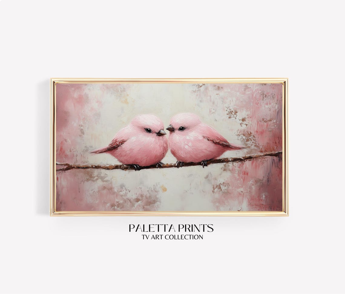 Two Pink Birds Beaks Touching Branch Romantic Bird Art Poster