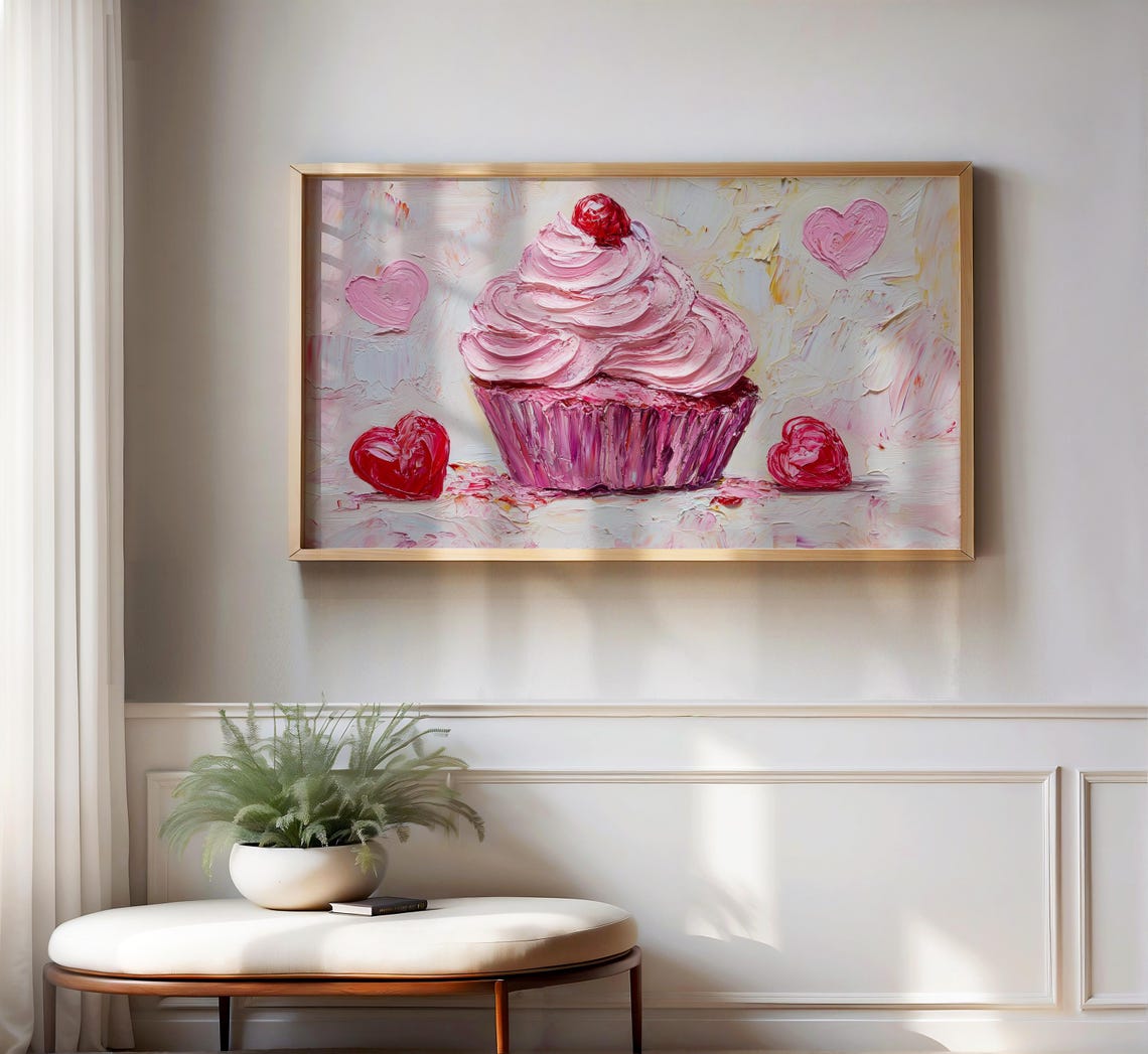 Pink Cupcake With Cherry Red Hearts Impasto Dessert Art Poster - Image 2