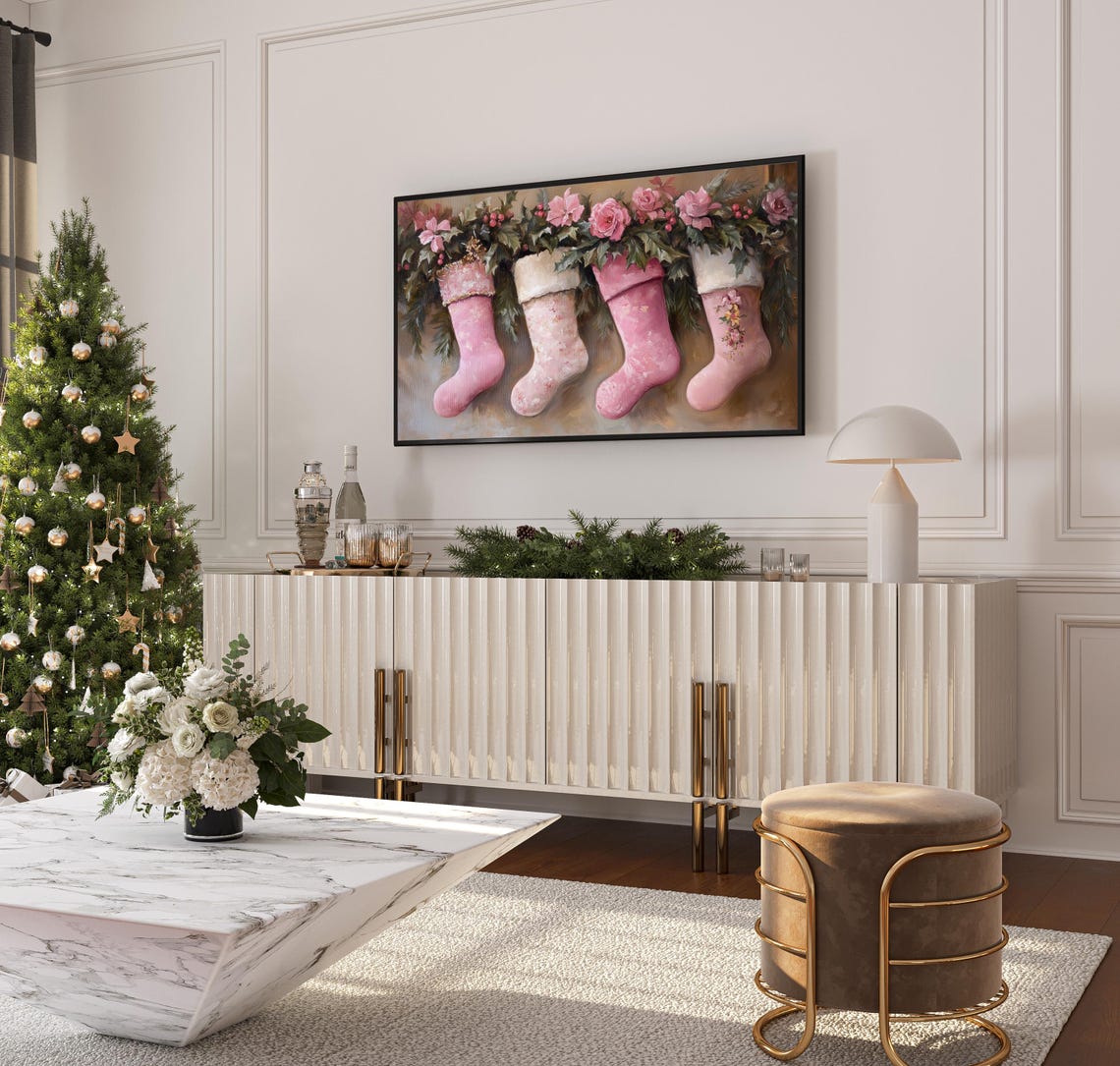 Pink Christmas Stockings Garland Greenery Festive Mantel Wall Art - Image 3