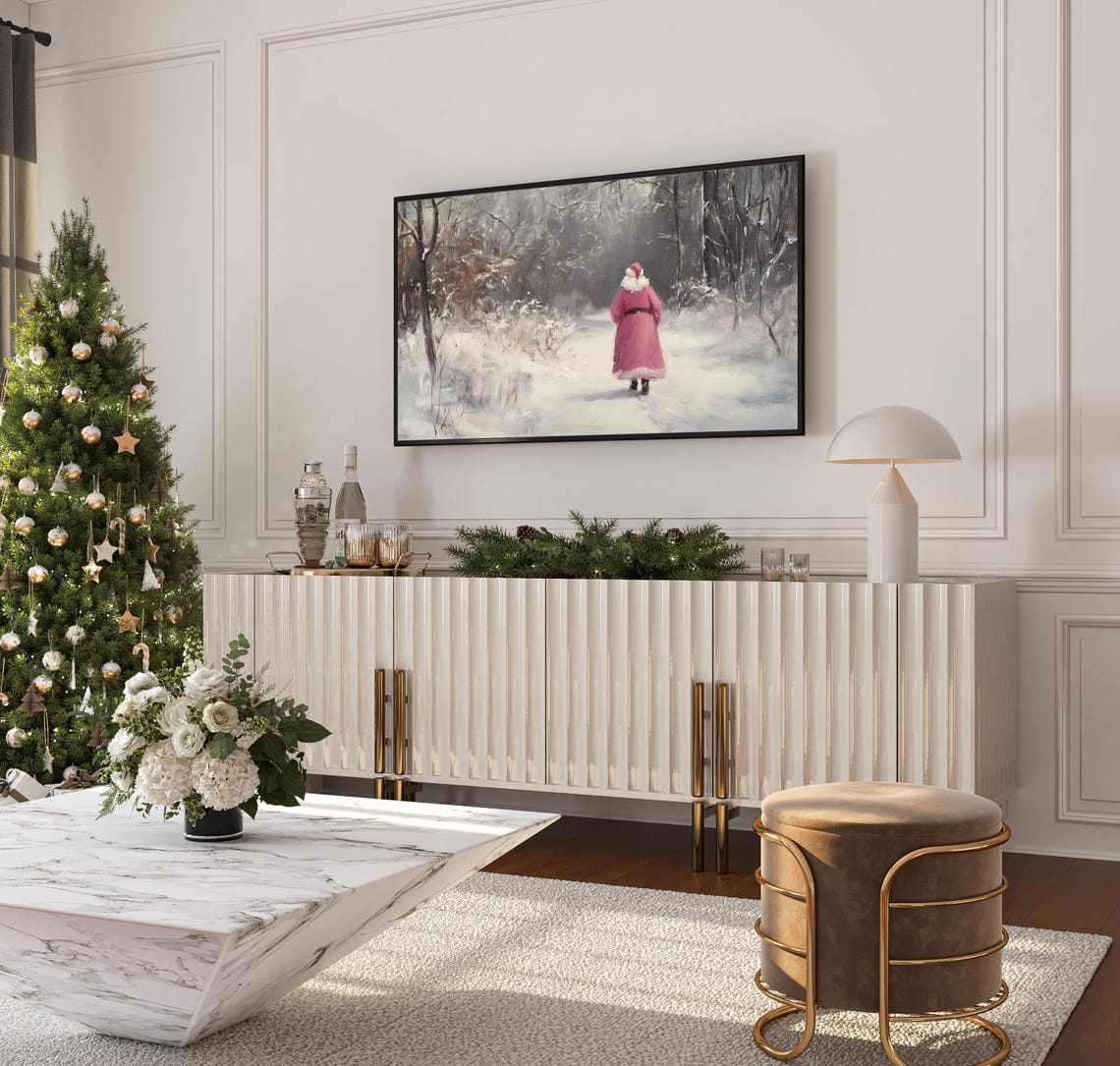 Santa Claus Pink Coat Walking Snowy Winter Woods Festive Poster - Image 3
