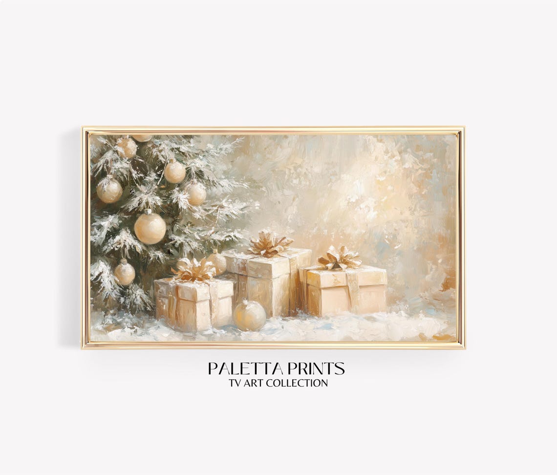 Flocked Christmas Tree Gold Baubles And Gifts Vintage Holiday Poster