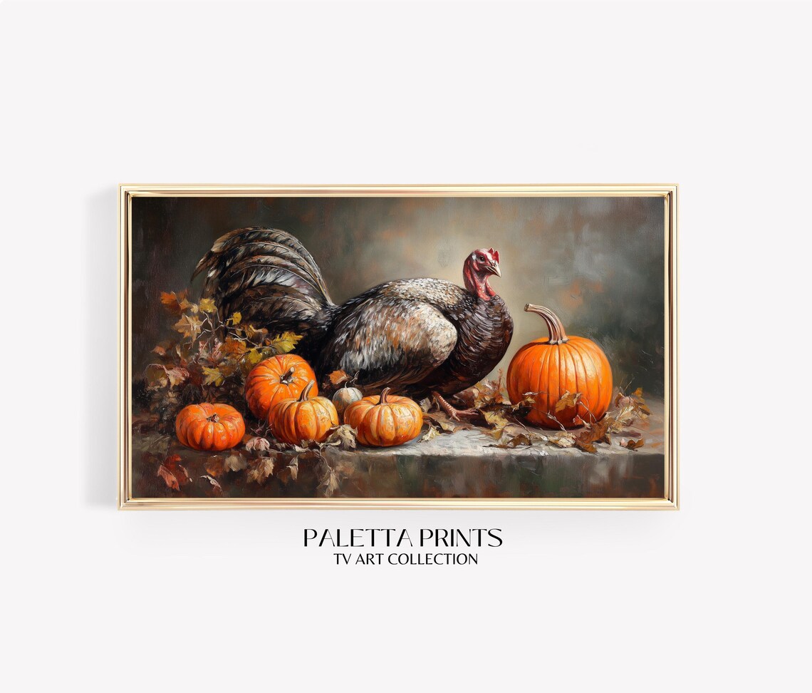 Vintage Turkey With Pumpkins Harvest Still Life Fall Kitchen Art Poster