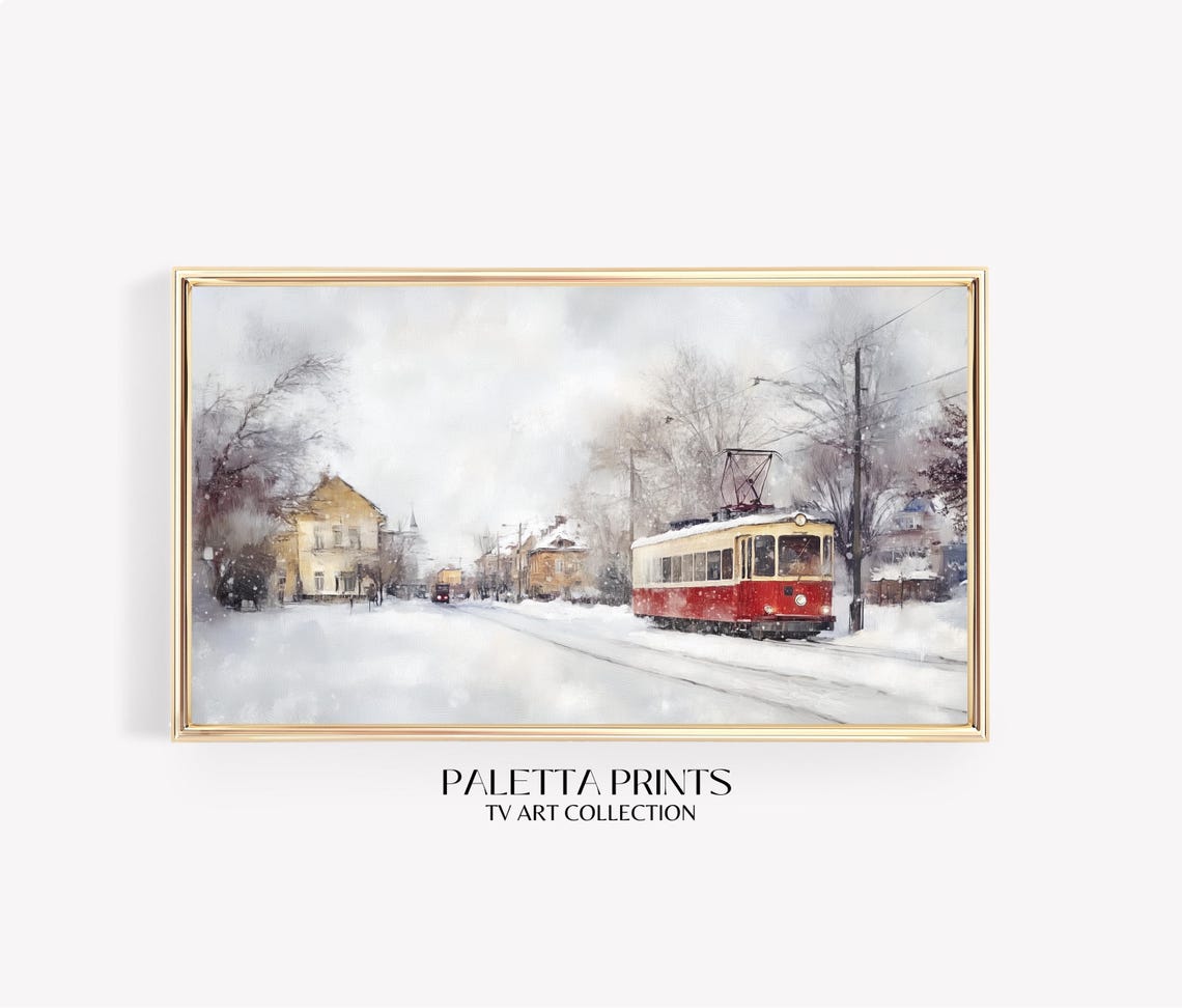 Vintage Red Cream Trolley Snowy Street Winter Morning Scene Tv Poster