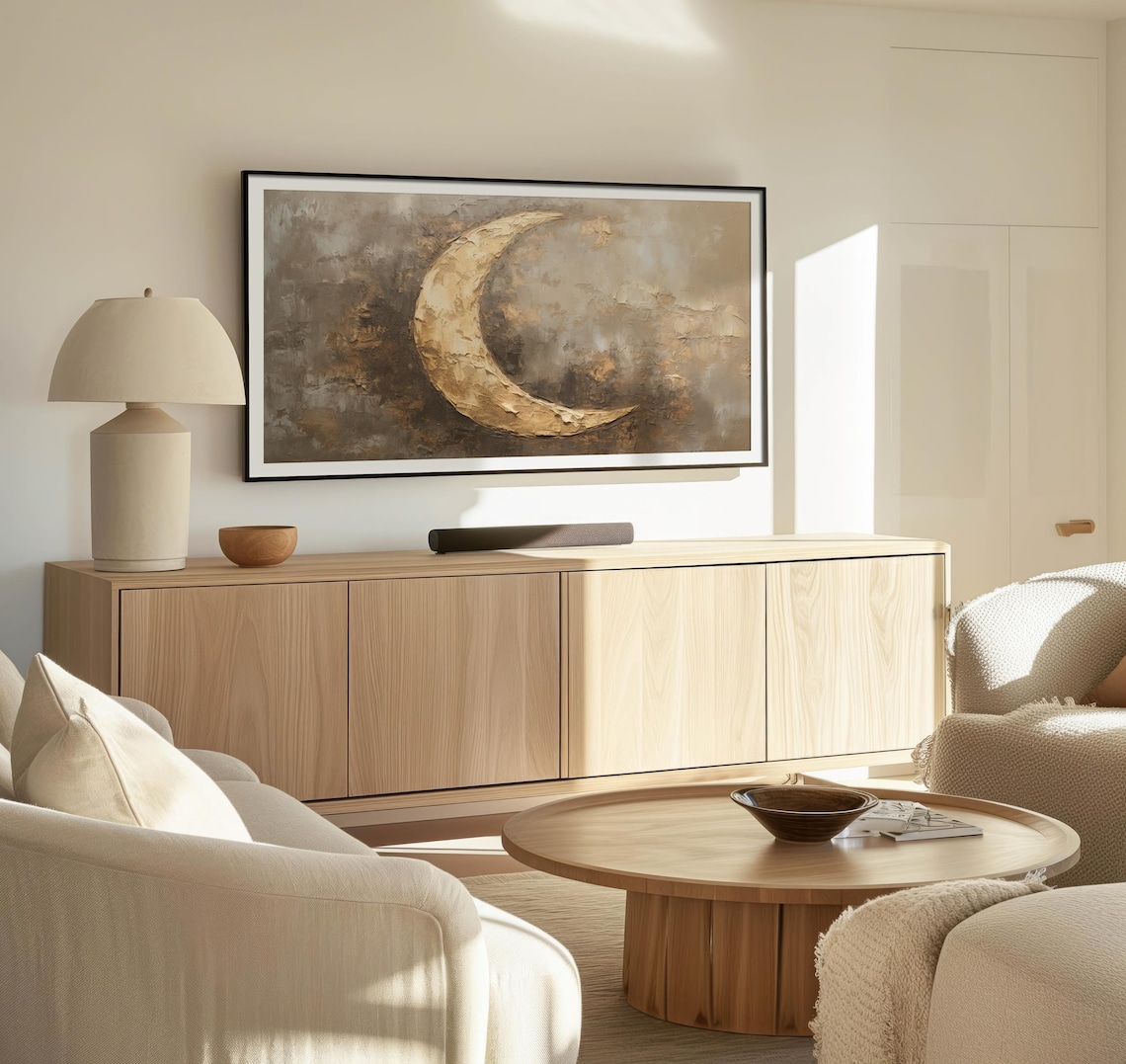Crescent Moon Textured Abstract Painting Beige Gold Ramadan Art Wall Poster
