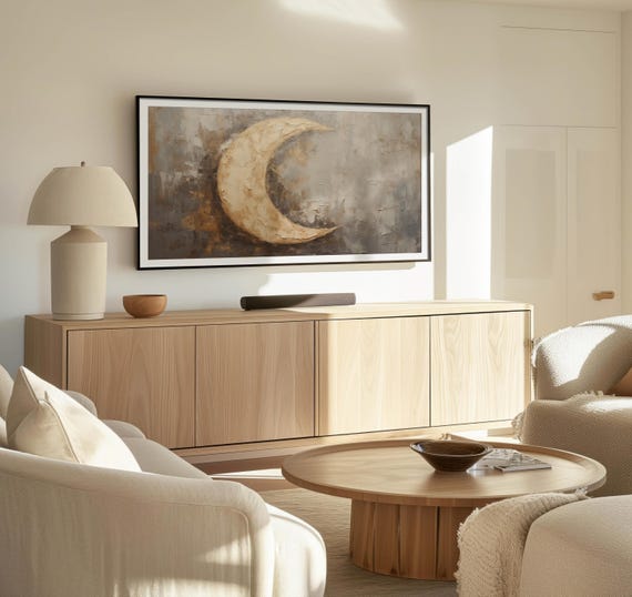 Textured Crescent Moon Abstract Painting Beige Gold Gray Islamic Wall Art Frame Tv Ramadan Home Decor Middle Eastern Accent Muslim Artwork