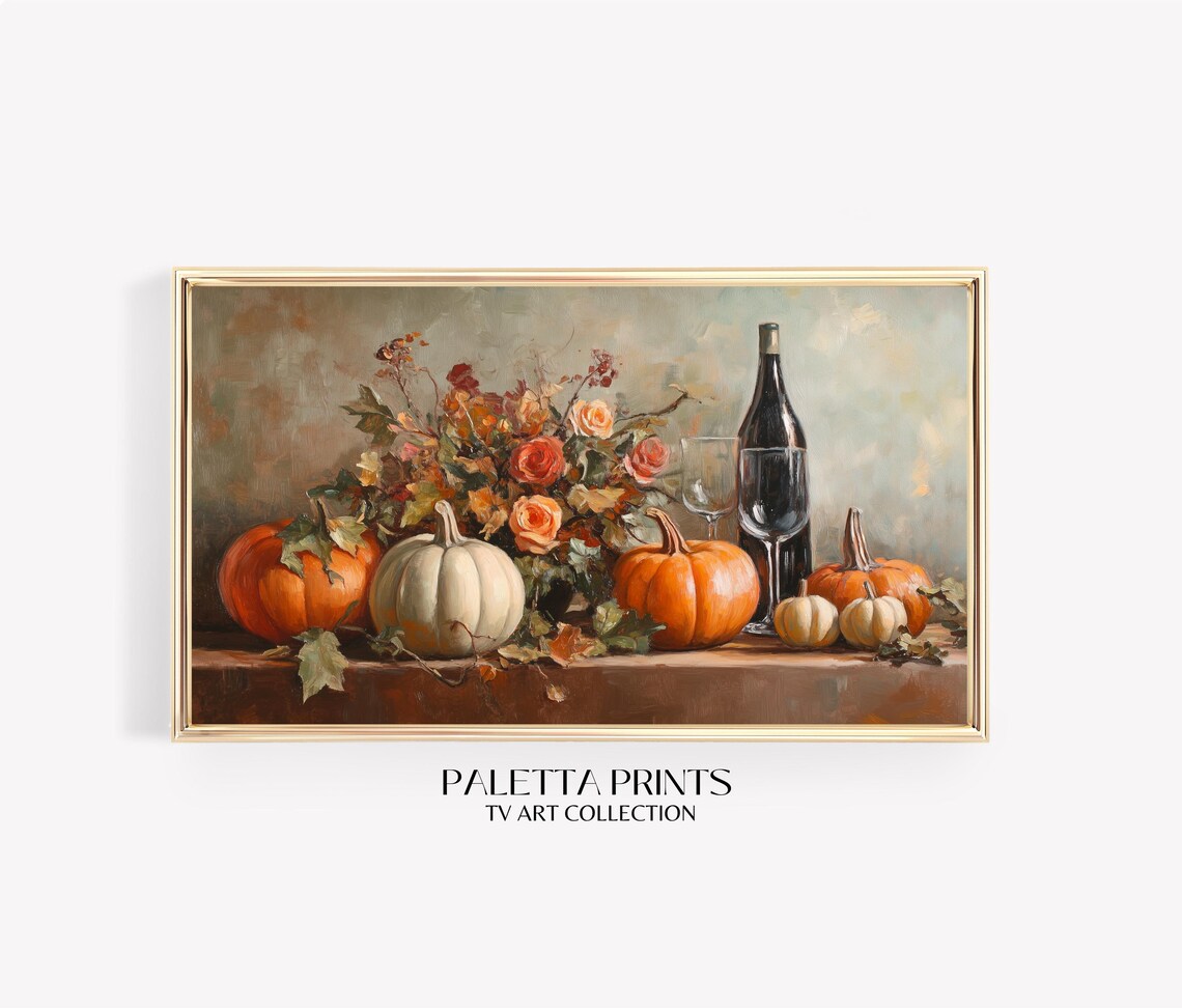 Thanksgiving Table Pumpkins Wine Glasses Autumn Roses Still Life Poster