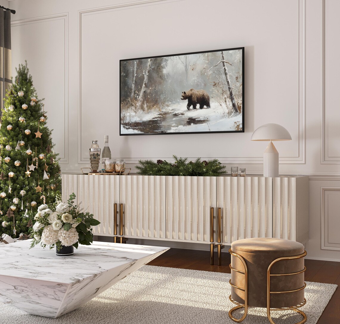 Brown Bear Snowy Birch Forest Winter Wildlife Painting Tv Art Poster - Image 3