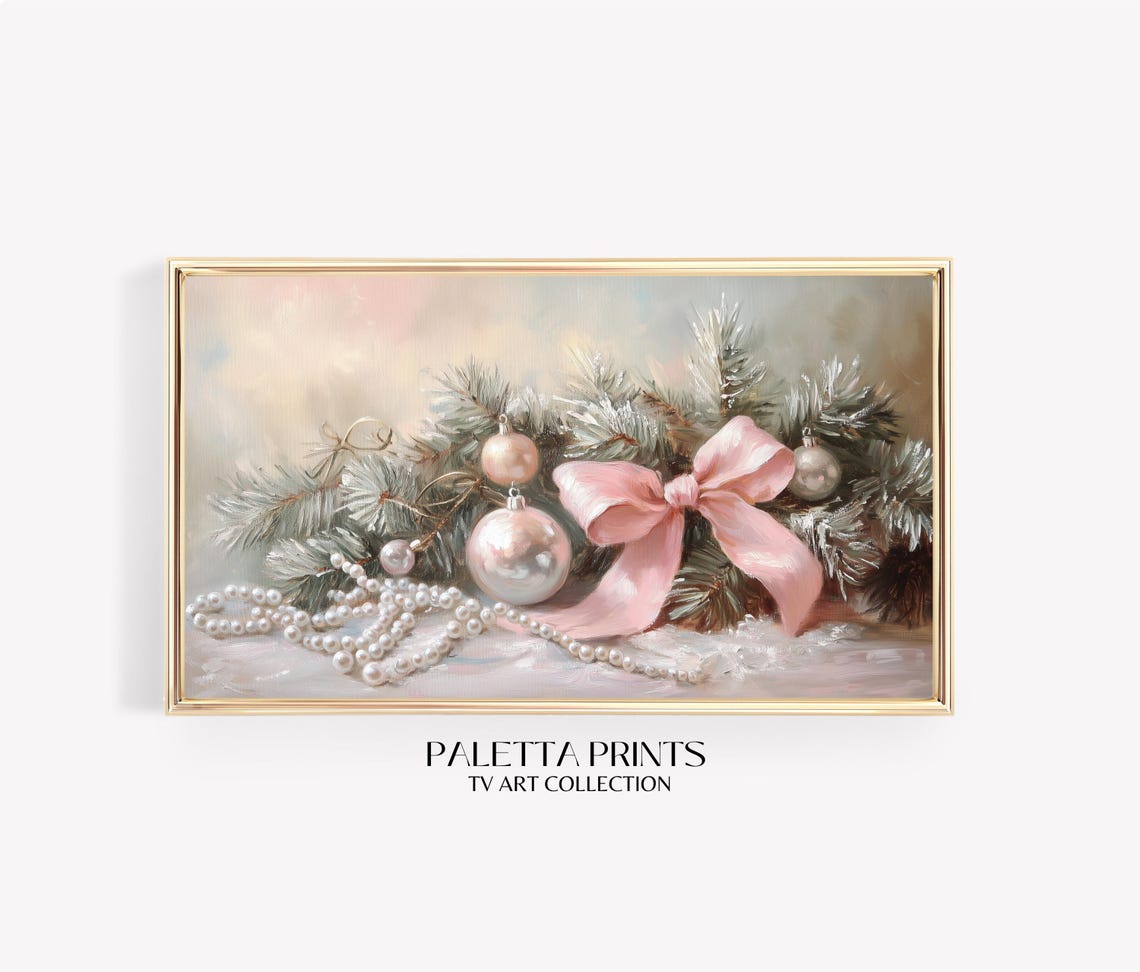 Pink Bow Pearl Ornaments Christmas Painting Pine Branches Art Print