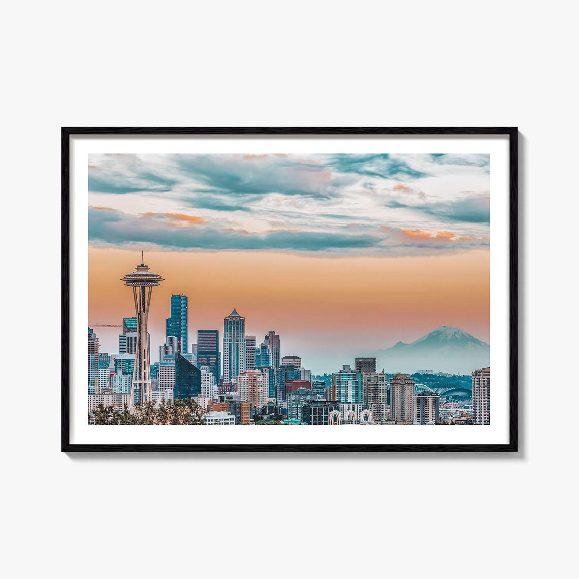 Seattle Space Needle Sunset Skyline Mount Rainier Photo Poster