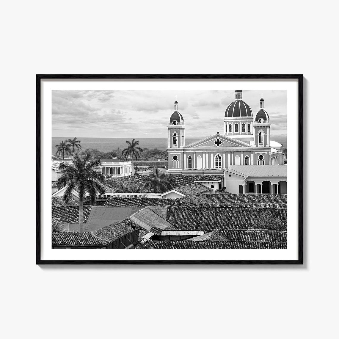 Nicaragua Granada Cathedral Black And White Tile Rooftops Poster