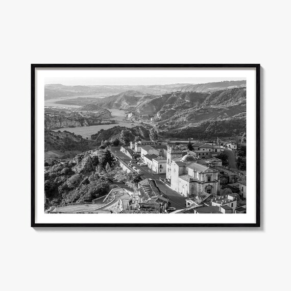 Black and White Italian Hill Town Church Valley Photo Poster