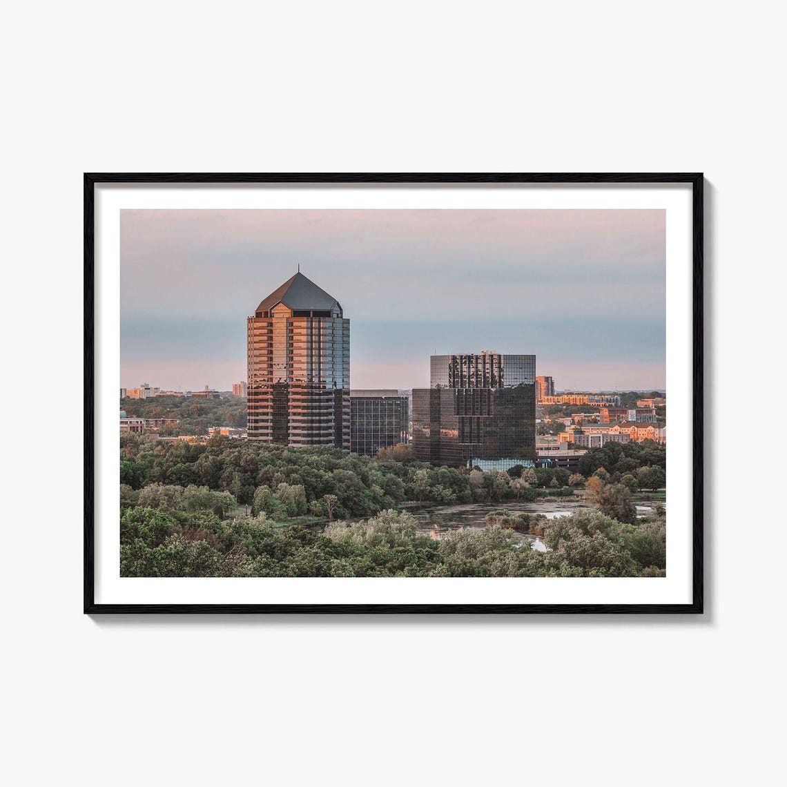 Bloomington Glass Towers Above Green Trees Dusk Cityscape Poster